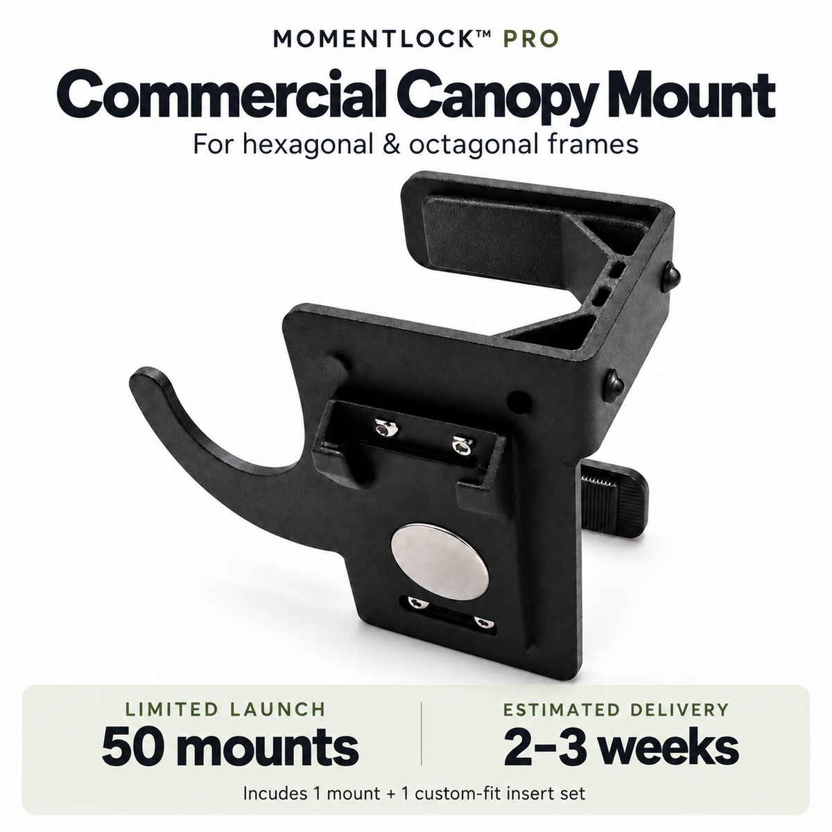MomentLock Pro Commercial Canopy Mount for hexagonal and octagonal canopy frames, shown on an olive background — limited launch of 50 mounts, ships in 2–3 weeks.
