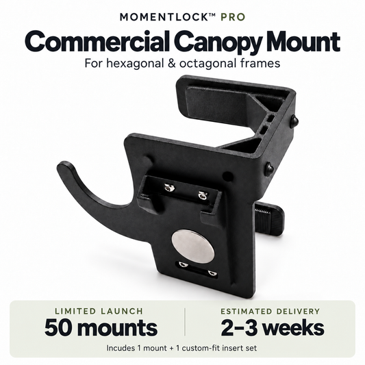 MomentLock Pro Commercial Canopy Mount for hexagonal and octagonal canopy frames, shown on an olive background — limited launch of 50 mounts, ships in 2–3 weeks.